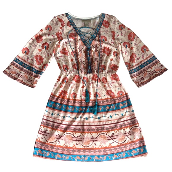 NEW FLYING TOMATO Boho Multicolor Prairie Dress Tie Neck Women’s Size Medium - Picture 1 of 11